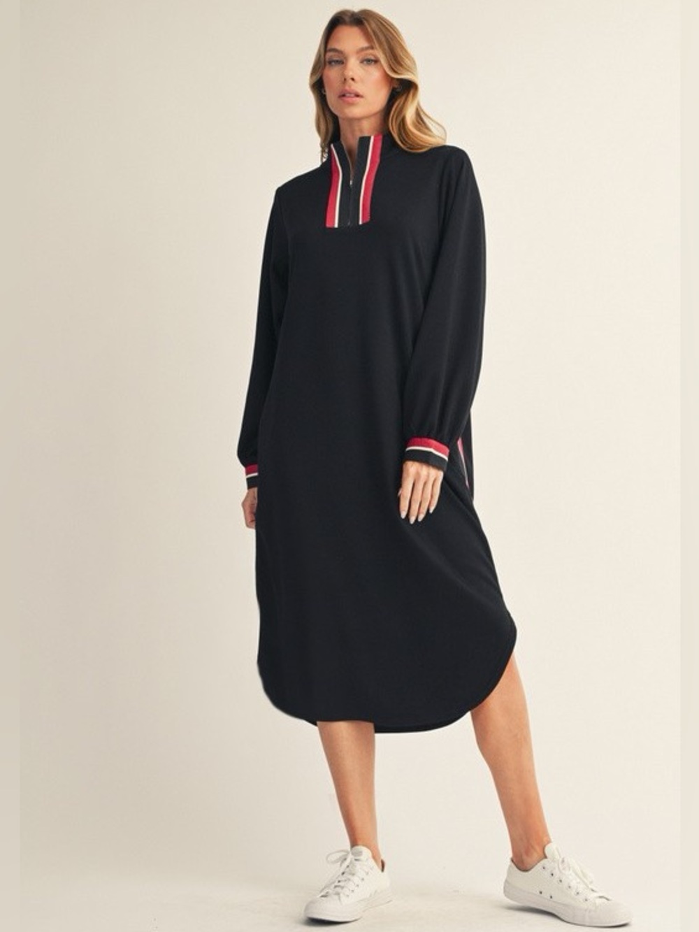 Jodifl Contrast Trim Zip Neck Midi Dress | Pockets | NWT